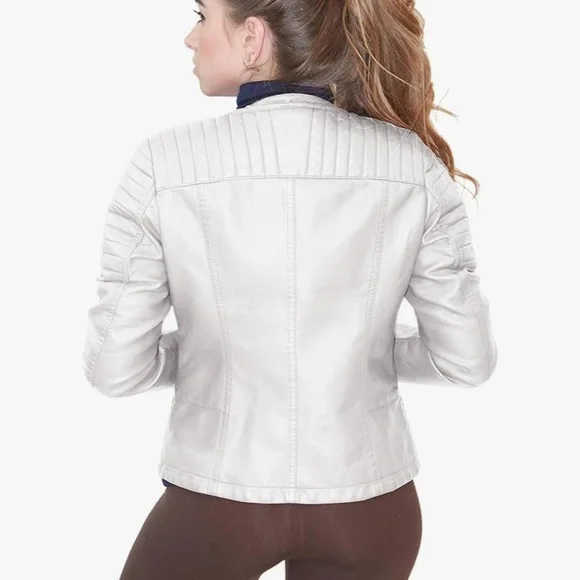 BNWOT Olivia Miller White Faux Leather Zip Up Moto Biker Jacket M - never worn! - Picture 5 of 8